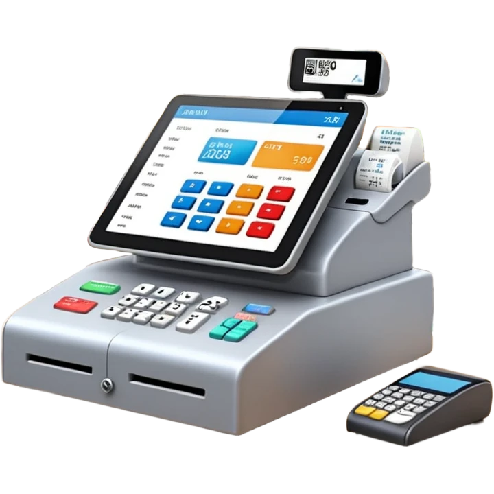 Modern shop cash register on a retail counter, ultra-realistic, 4K, photorealistic POS touchscreen, receipt printing, barcode scanner and card terminal, soft indoor lighting, realistic reflections and shadows, sharp focus, cinematic depth of field, professional photography. emoji