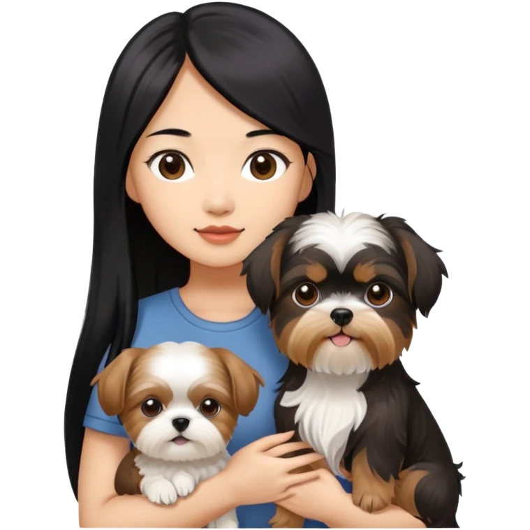 A beautiful Asian girl with long black hair is holding a Yorkshire Terrier. She is standing next to her brown skinned boyfriend, who is holding a Shih Tzu. They are each holding one dog each emoji