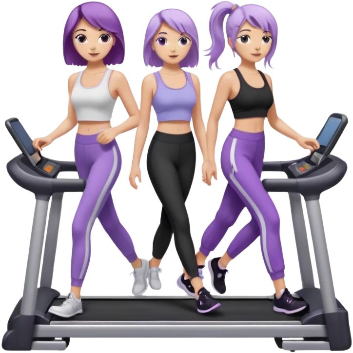 две белокожие девушки ходят по беговым дорожкам, одна брюнетка, вторая со светло-фиолетовыми волосами, брюнетка в белом топе на тонких лямках и в черных лосинах, вторая девушка в лиловом топе с бабочкой и в серых спортивных штанах emoji