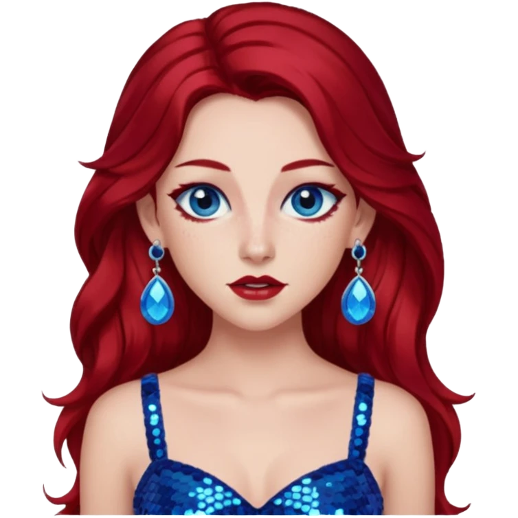 Chappell Roan (b.1998) with long dark red hair, red sequin crop top, red earring, blue eye, makeup emoji