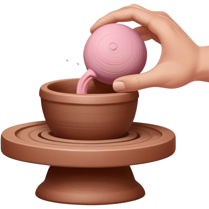 one hand throwing a pink ball of clay onto a completely empty pottery wheel with no pottery or other clay on it emoji