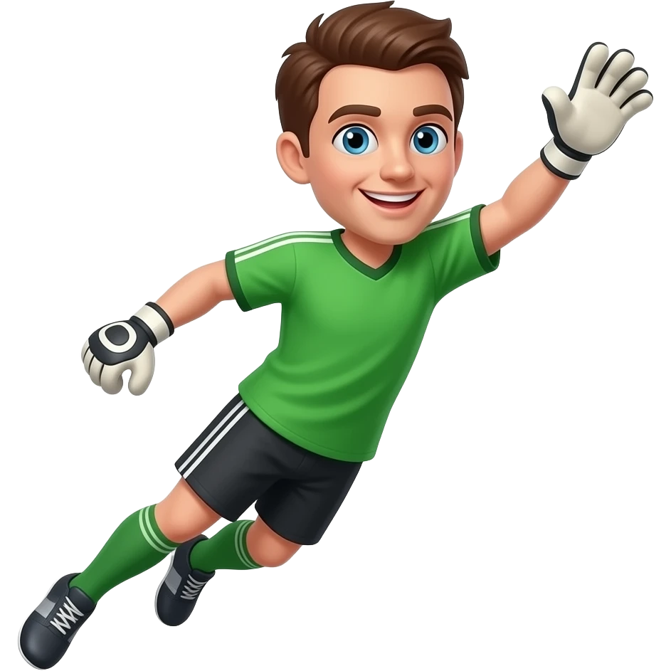 faça umgoleiro de camiseta verde, short conza, olhos azuis, cabelo marron, sorrindo e se jogando para a direita, deixando o corpo inclido para a direita em um pulo e com a mão para o alto a direita emoji