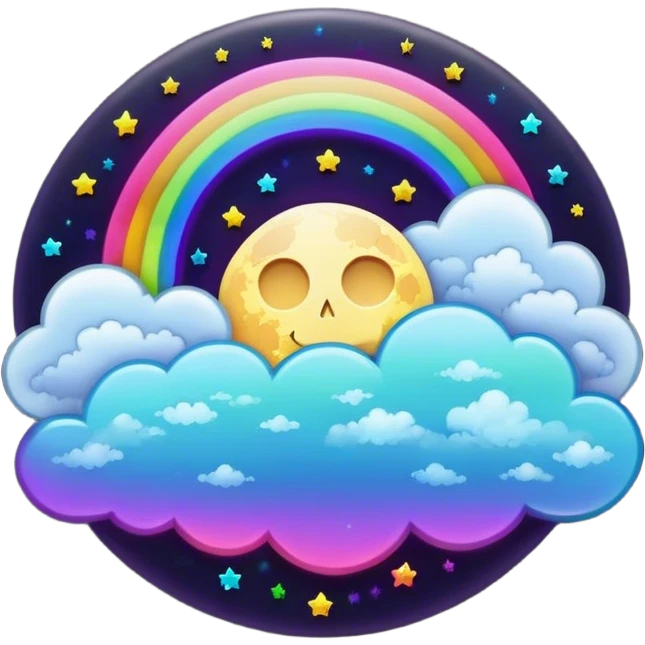 Beveled button with Neon rainbow colored damask style full moon with stars and clouds in the center emoji