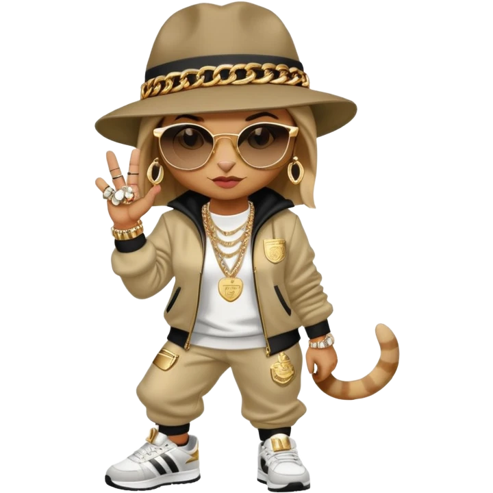 female cat walking upright, Run DMC hip-hop outfit, tracksuit, fedora, Adidas sneakers, dark sunglasses, many gold chains, bling accessories rings bracelets earrings emoji