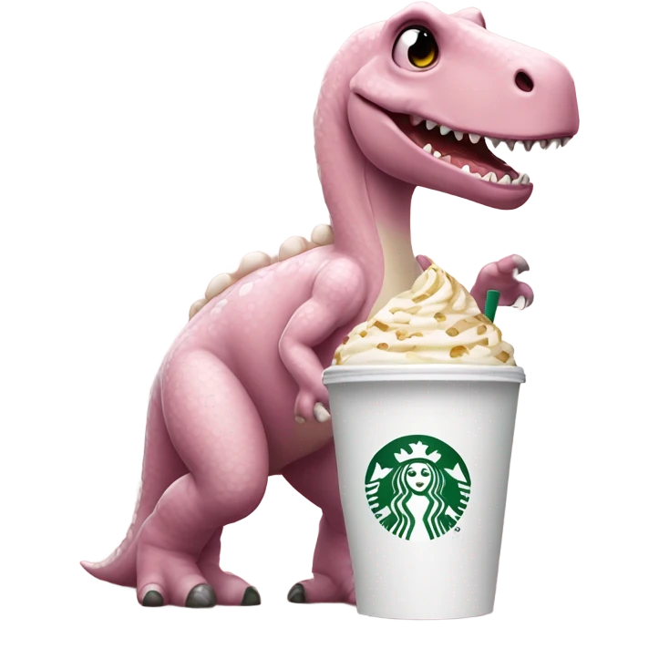 Light pink happy dinosaur with a drink from Starbucks and in white chocolate  emoji