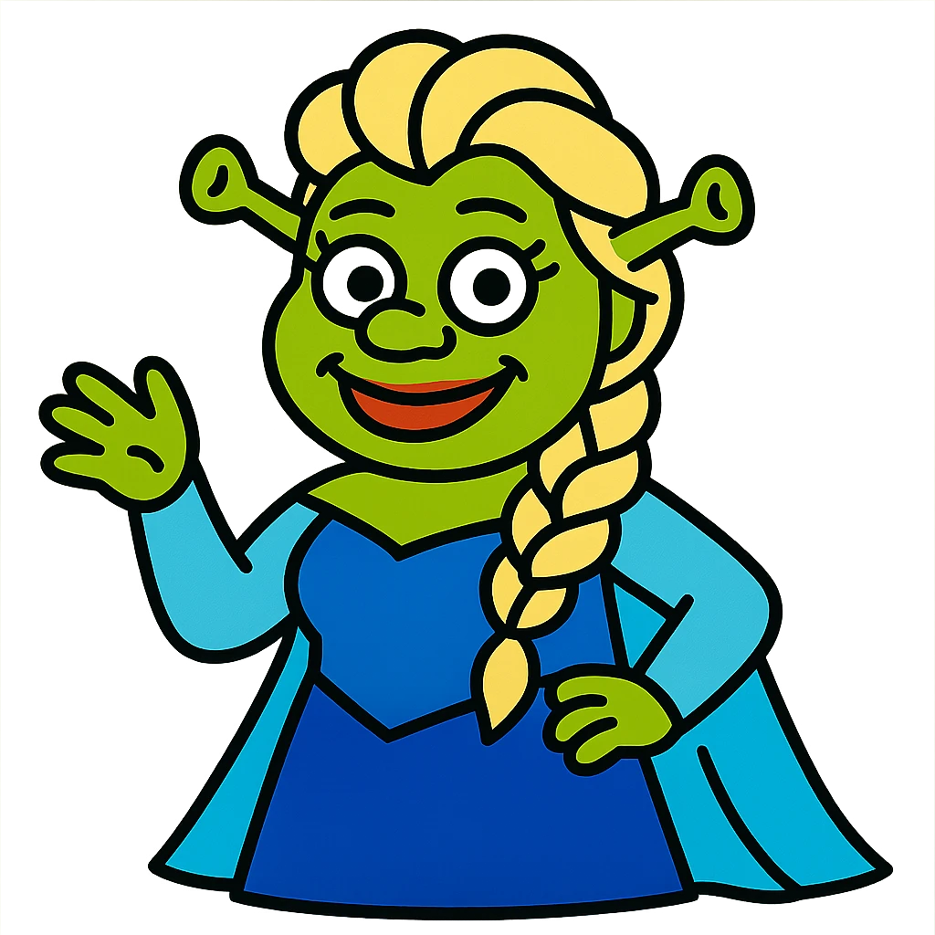 whimsical and fun character combining Elsa and Shrek as a single character emoji