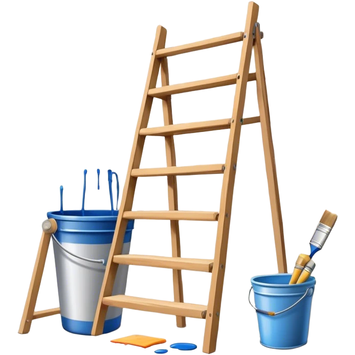 Create an icon that represents the hobby of wall painting. The design should feature a wall with a beautiful, frameless painting in progress. Include a paint bucket with brushes and rollers, as well as a wooden ladder, symbolizing the process of creating the artwork. The wall should have visible brush strokes, indicating the work in progress. The composition should be harmonious and balanced, reflecting both the artistic and practical aspects of wall painting. The background should be transparent. emoji