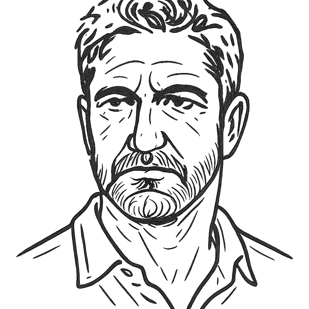 hand drawn outline style headshot, strong jawline, short hair, Gerard Butler inspiration emoji