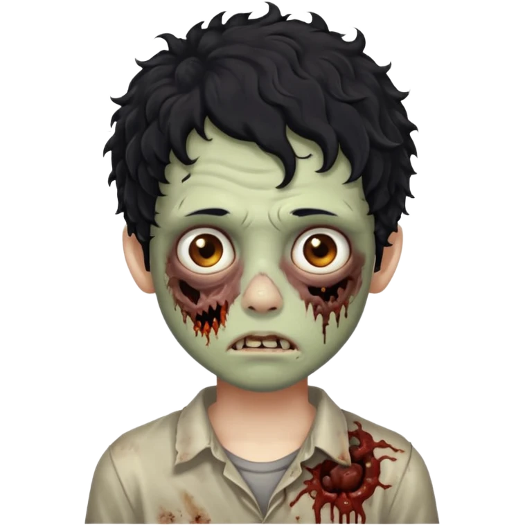 menino com cabelo cacheado e olhos marrons, com aparencia de zumbi emoji