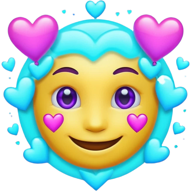 futuristic glowing emoji face smiling with floating neon hearts, purple and cyan holographic light, dark background emoji