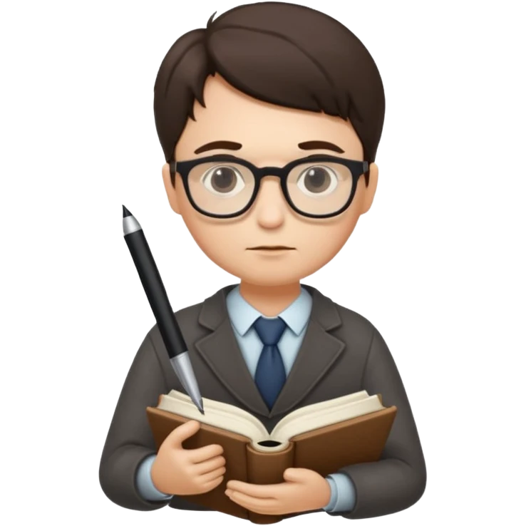 writer holding big pen in hand and closed book in other hand, wearing glasses emoji