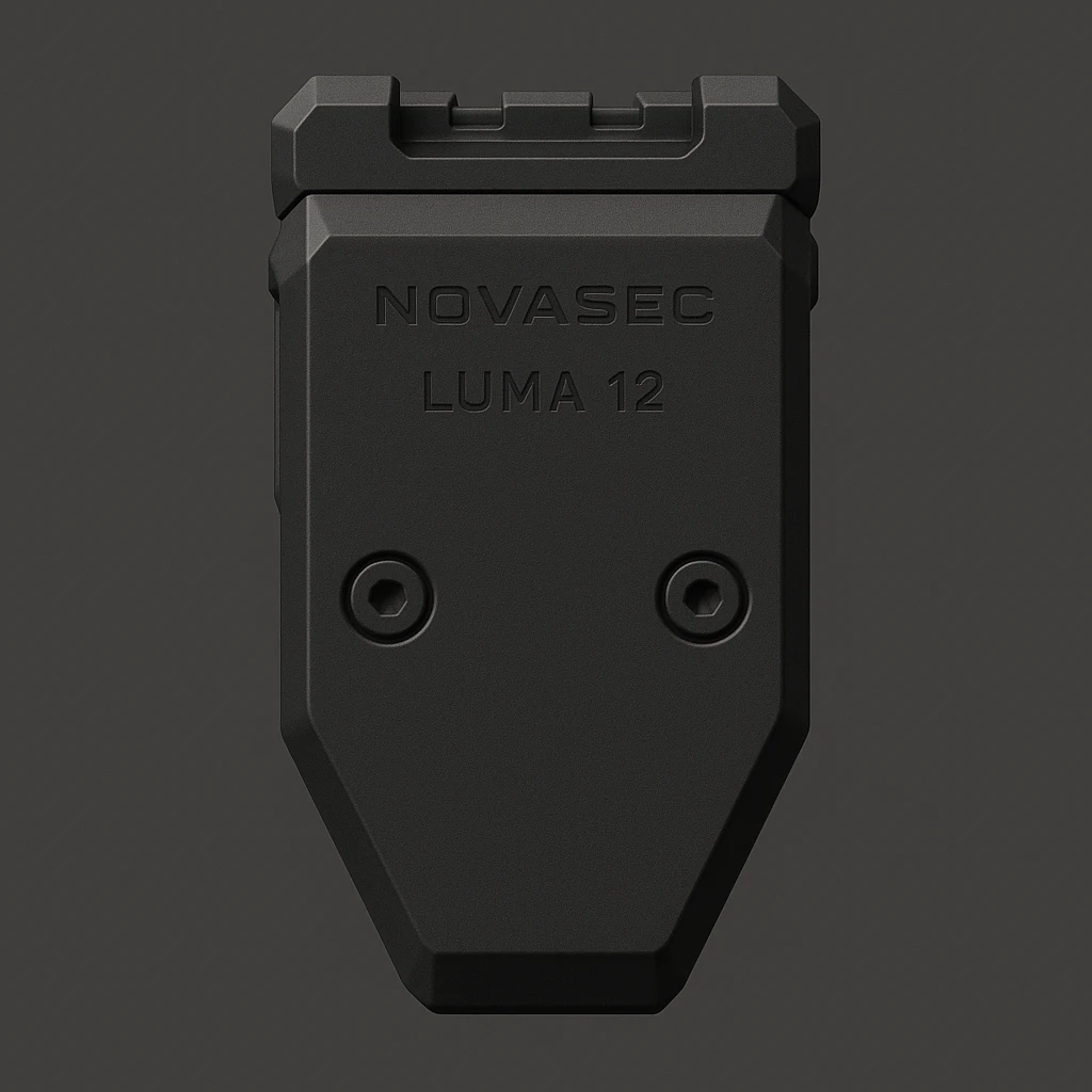 3D-rendered orthographic back view of the NOVASEC LUMA 12 underbarrel firearm attachment: compact, single-piece black matte module, elongated rectangular shape with beveled edges, minimal tactical design, subtle NOVASEC branding, dark neutral background, soft lighting, no perspective or tilt, technical reference style emoji