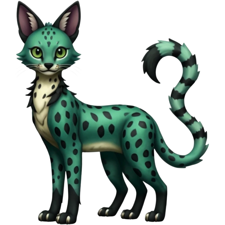 Epic complex detailed dark dusky gloomy deep gothic dark-deep-green, black, realistic Fakémon-Sprigatito-Floragato-Meowscarada-Trico-Sergal-Serval-Vernid-creature (full body) emoji