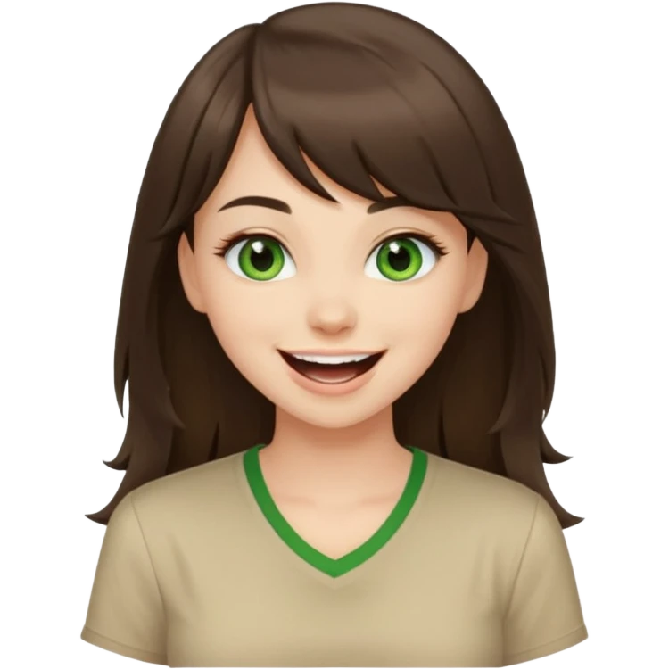 Gorgeous brunette girl green eyes, beige shirt, with swoop bangs and long hair having fun, laughing emoji