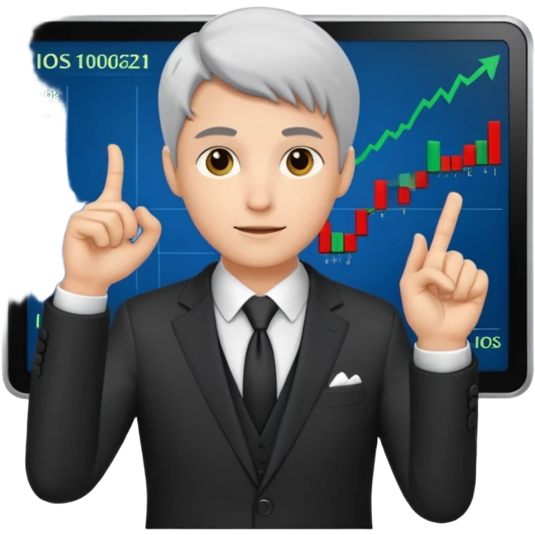 mach mir einen trader an der börse der tradet der so mit einer hand hinter sich deutet um anzig emoji