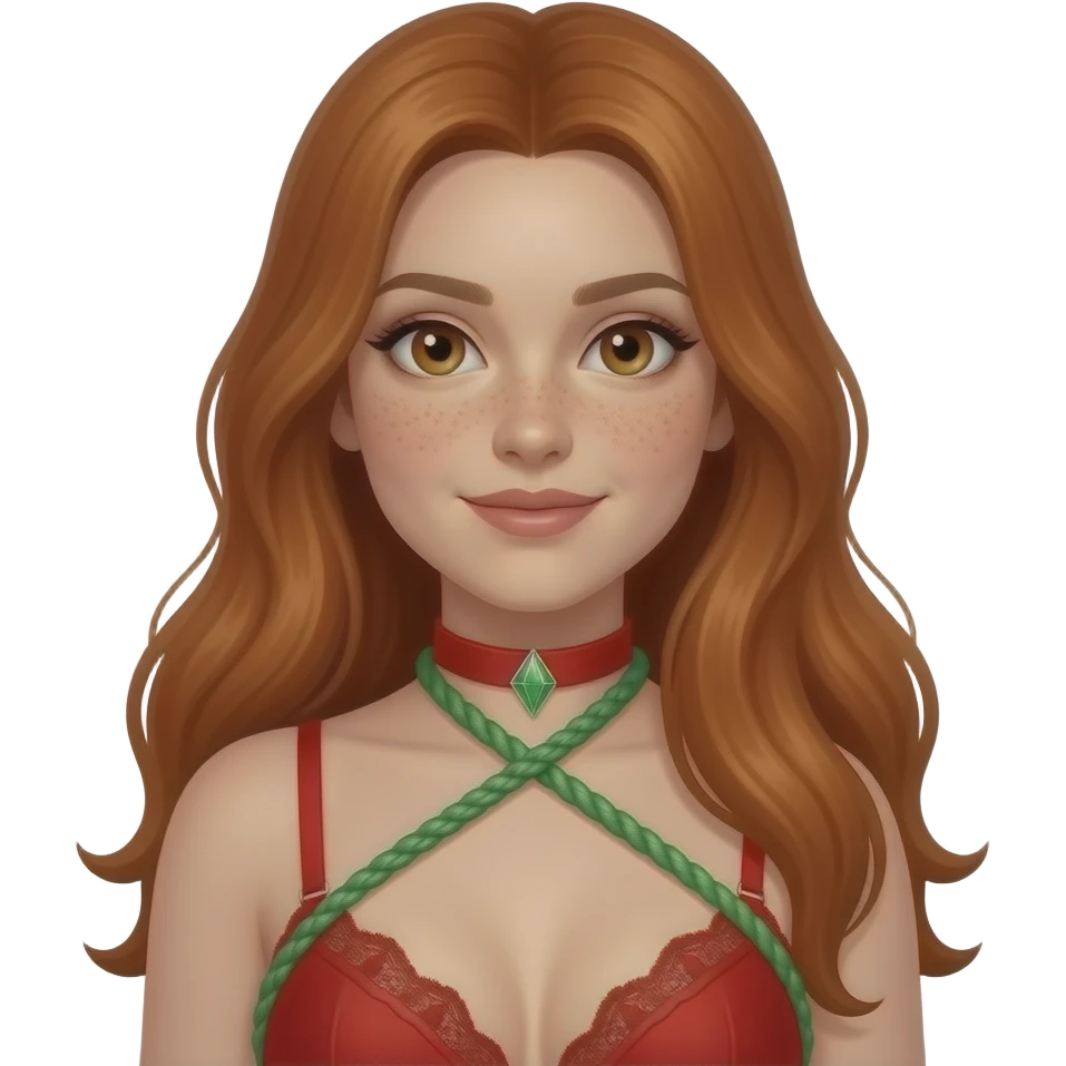 Light skin with freckles, long red hair, hazel eyes, wearing red lingerie, red collar, and green rope hishi karada emoji