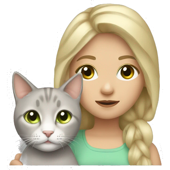 Girl with blonde hair and hazel eyes holding a grey cat with light green eyes emoji