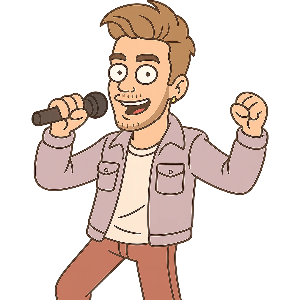 Justin Bieber as a cartoon character, pop star style, microphone in hand, modern hairstyle, energetic pose emoji