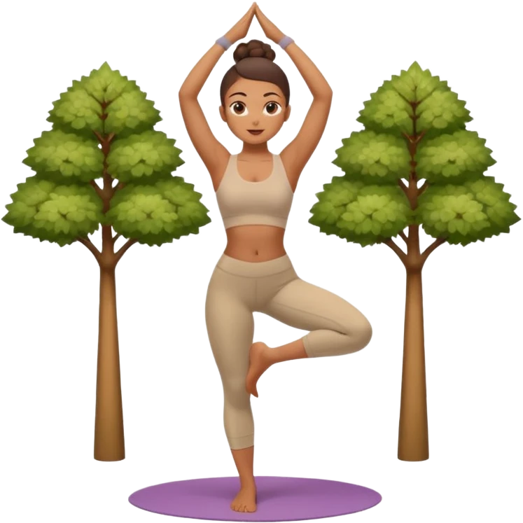 Mixed-race woman with caramel skin, slim thick figure, wearing a beige sports bra and leggings, doing a yoga tree pose emoji