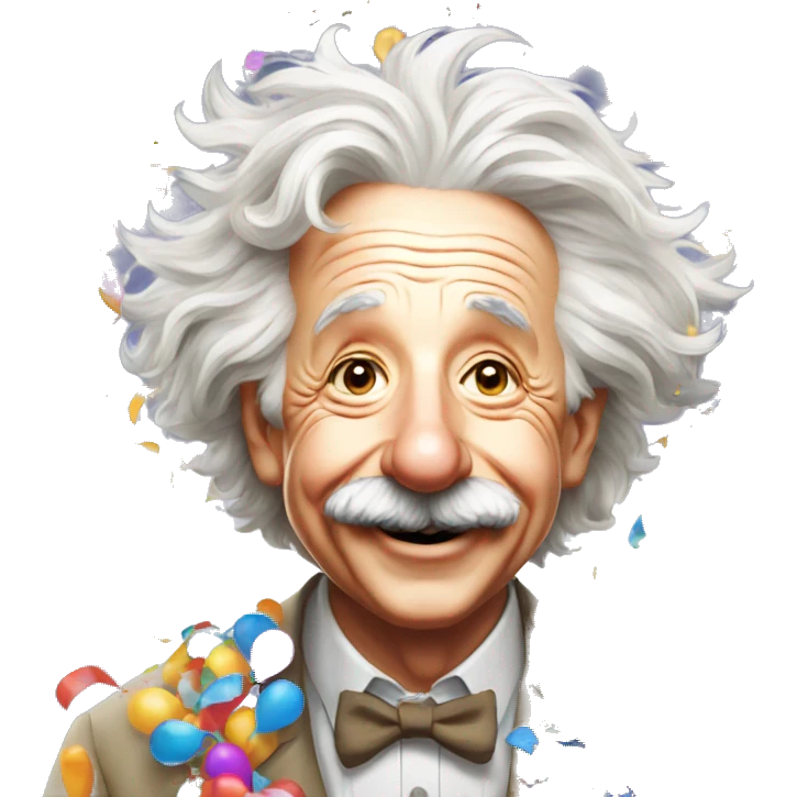 happy albert einstein with lots of colourful confetti and party balloons emoji