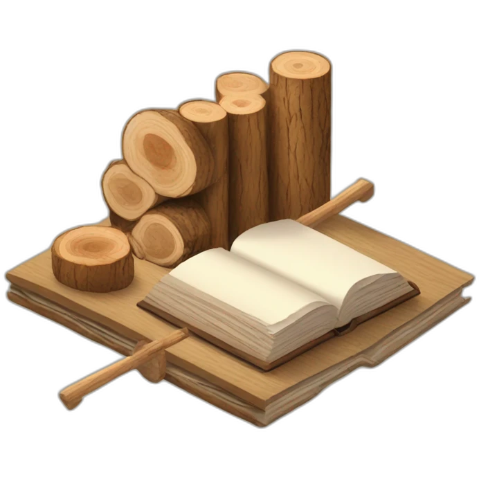 isometric BOOK with picture of wood logs, metal rods, fabric, tools emoji