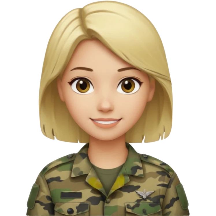 Apple-style emoji: female soldier, bust, no cap/helmet, friendly smile, generic camo top,  black color blonde hair emoji