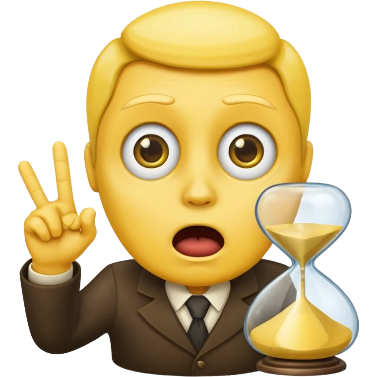 classic emoji style, yellow face with a finger raised as if saying 'wait', with a small hourglass, no text emoji