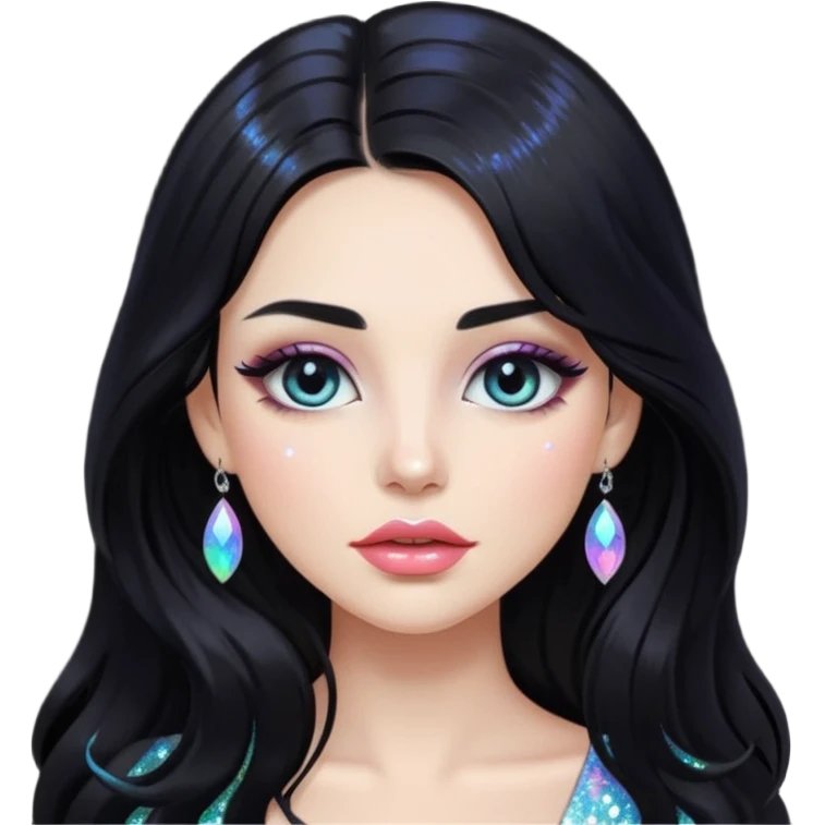douyin long black hair glossy lips glittery iridescent white eyeshadow girl emoji