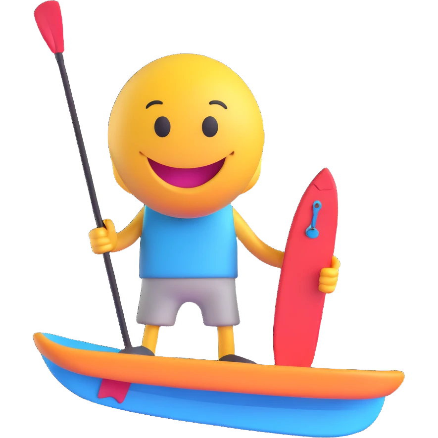 3D smiley emoji, round shape, with wakeboard, sporty face, transparent background (wakeboarding) emoji