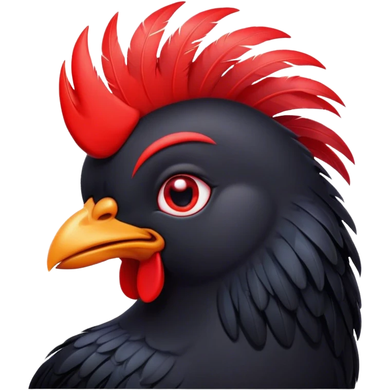 Cinematic Cute Black Chicken Portrait Emoji, Head tilted playfully and inquisitively, featuring sleek, lustrous black feathers and a vibrant red comb, round, sparkling beady eyes filled with curiosity, Simplified yet irresistibly adorable features, highly detailed, glowing with a warm, friendly glow, high shine, affectionate and lively, stylized with a touch of whimsical charm, bright and endearing, soft glowing outline, capturing the essence of a mischievous yet loving chicken, so playful it feels like it could peck out of the screen and into your arms! emoji