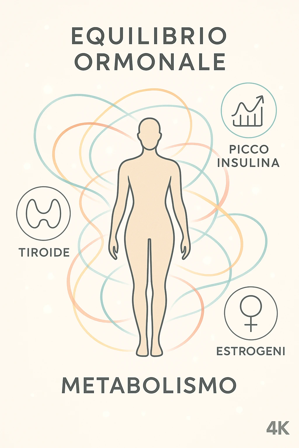 Il corpo è circondato da simboli delicati e bilanciati che rappresentano equilibrio ormonale e metabolico: piccoli cerchi, flussi energetici colorati, simboli stilizzati di tiroide, picco insulina, estrogeni. 4k immagine in italiano emoji