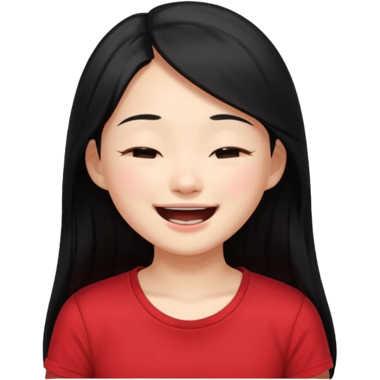 Cute asian girl with long hair and red t shirt who is laughing with eyes closed emoji