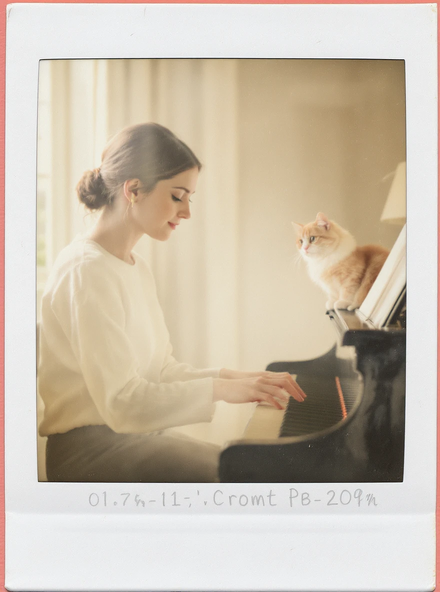 woman playing piano while her cat sits on top of the piano emoji