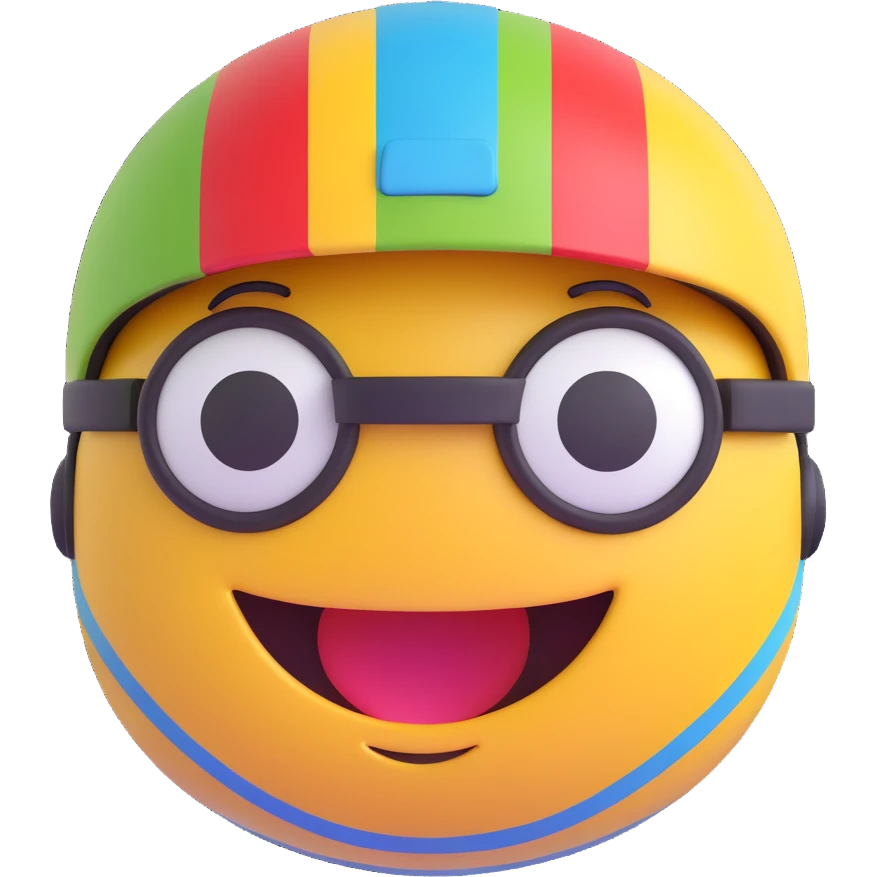 3D smiley emoji, round shape, motorcyclist with colorful striped helmet: striped helmet, smiling face emoji