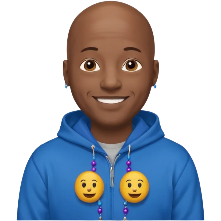 Bald black guy 40 years old with blue hoodie and and bead emoji emoji