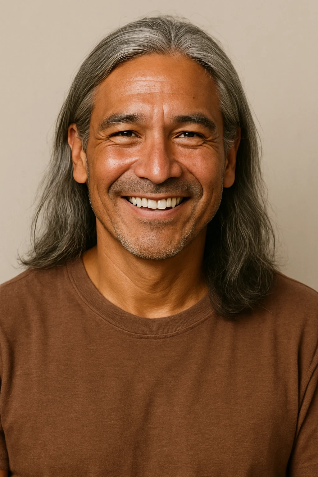 brown tanned man over 40 with long grey hair, smiling, head and shoulders, plain background emoji