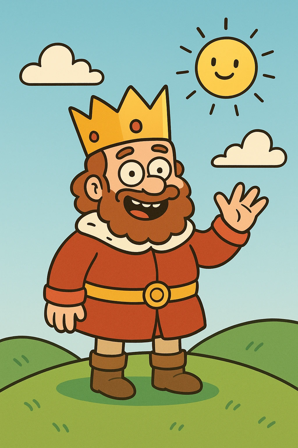 cartoon style, a cheerful king with a big crown standing on a green hill, waving, sunny sky, bright colors emoji