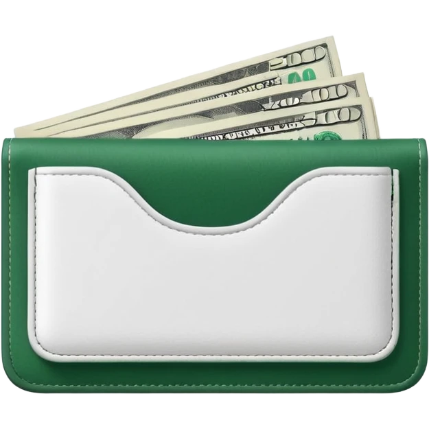 white wallet with dark green details, white dollar bills with dark green elements sticking out, minimalism emoji