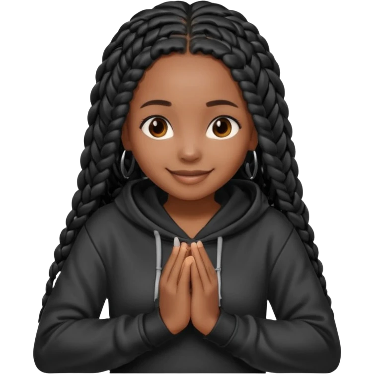 African American dark skin girl with long black box braids wearing a black hoodie with hands folded together emoji