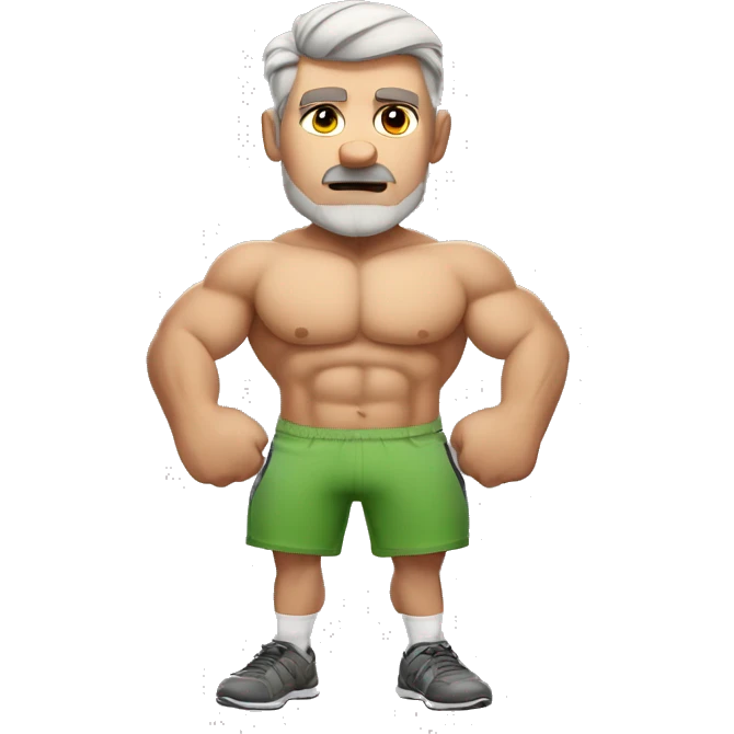 An (emoji) of an Australian dad working out, showcasing a muscular build and determined facial expression, emphasizing the "dad" aspect with classic Aussie style shorts and a tank top. emoji