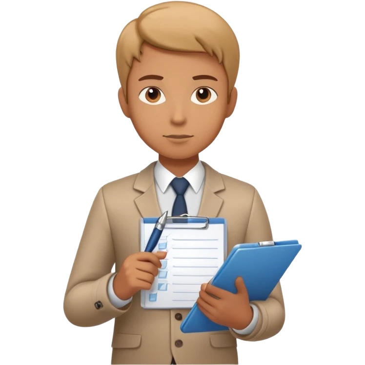 a person holding a checklist and pen, wearing smart casual clothing. The character is in a focused pose emoji