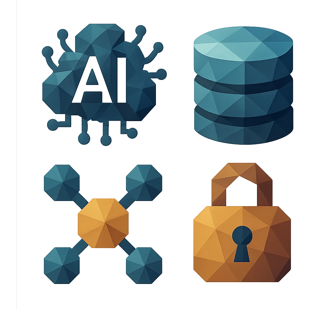 polygonal low-poly style icons for information technology, geometric shapes, icons for AI, data storage, connectivity, and encryption, modern and abstract emoji
