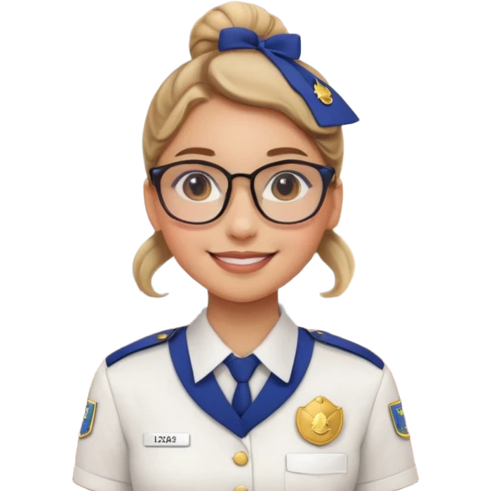 Reception Young girl, bun hair, wearing uniform of reception with hotel name badge, glasses, stand behind the desk

 emoji