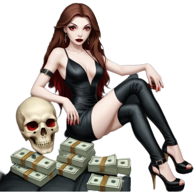 Lilith red eye seductress evil long brown haired sexy succubus woman with leather long dress with slit on, sitting in Big Large F350 pickup truck. Wearing super tall black platform high heels, Back seat full of stacks of cash, she is  Holding a human skull of her enemies and a gun in other hand emoji