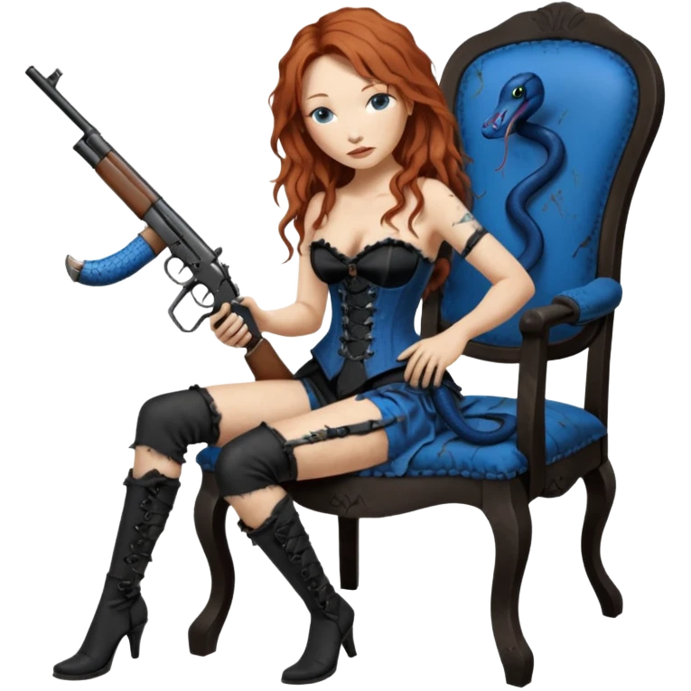 realistic cinematic Tori Amos sits on a rocking chair in a torn corset, holding an antique rifle and her bare feet are muddy. A blue snake is wrapped around the chair. emoji