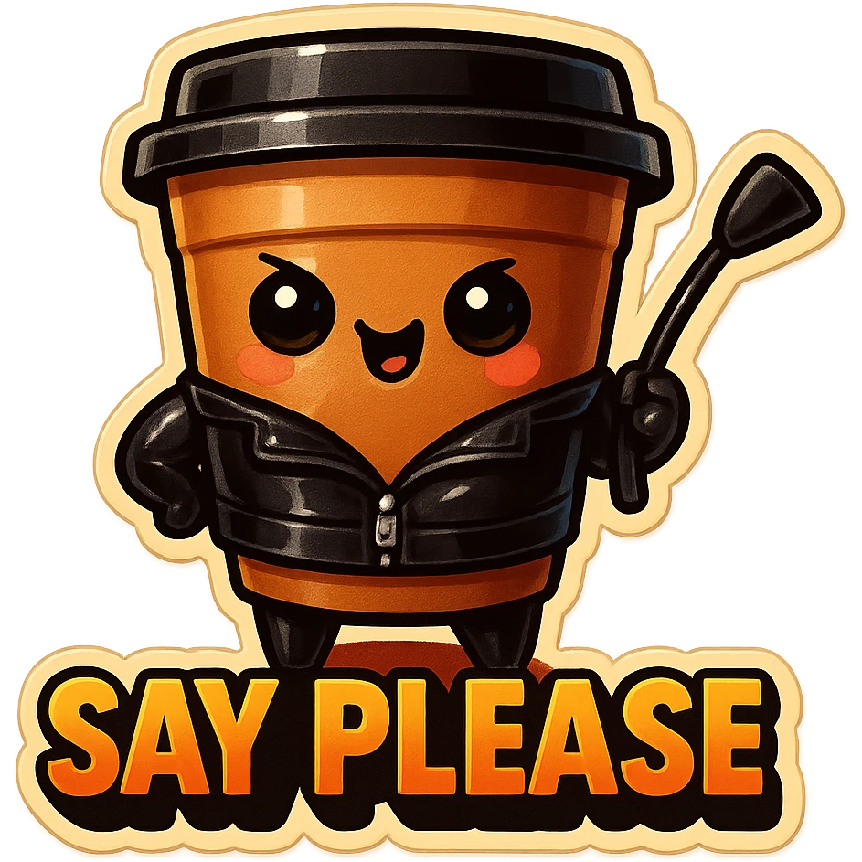 Tall coffee cup, dressed in leather holding a whipping crop, mischevious, "big "Say Please" emoji