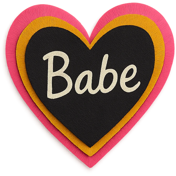 the word 'Babe' in white handwriting across a black heart, paper craft style, high contrast emoji