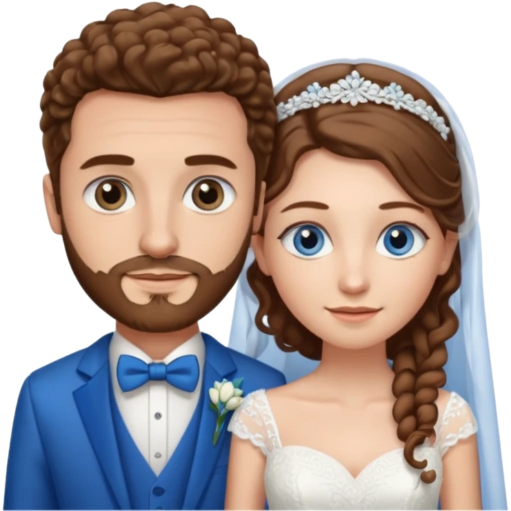 wedding couple, woman has long straight brown hair and blue eyes, man has short light brown curly hair and facial hair with blue eyes emoji