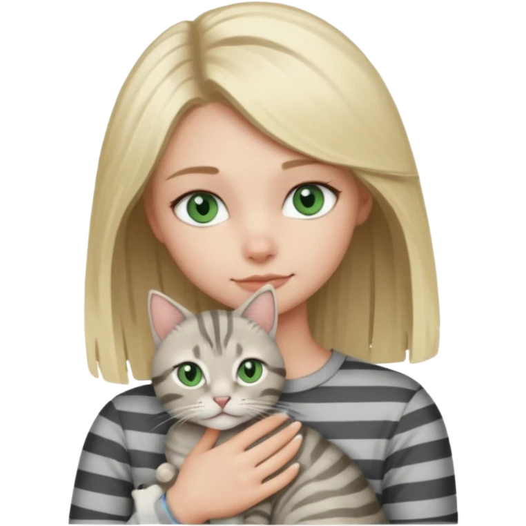 Blonde girl with blue eyes cuddling with light grey tabby cat with dark grey stripes and green eyes emoji