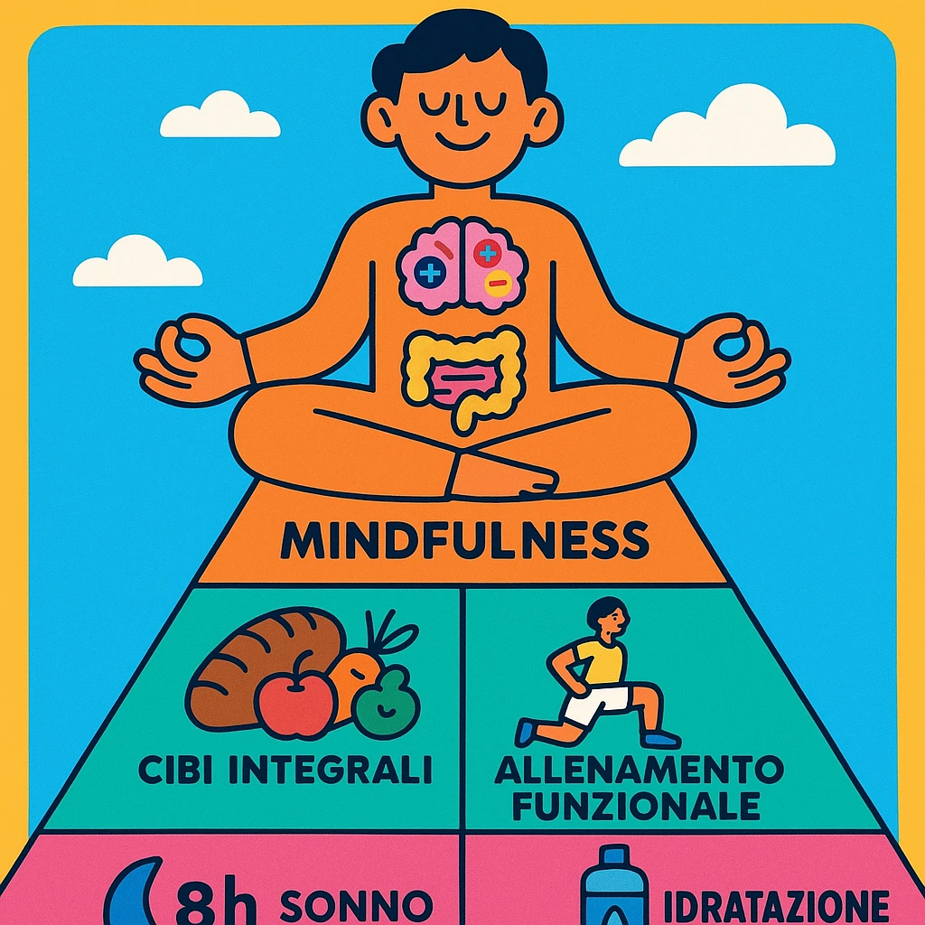 Piramide della salute in stile cartoon colorato con base Sonno 8h e Idratazione, centro Cibi integrali e Allenamento funzionale, cima Mindfulness e Connessione sociale. In cima figura sorridente che medita, corpo con icone di neurotrasmettitori e flora intestinale sana. Testi in italiano, atmosfera allegra. emoji